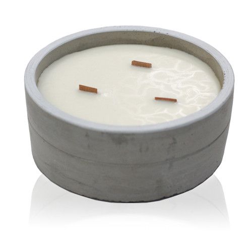Concrete Wooden Wick Soy Candle Holder - Large / Round / Crushed Vanilla and Orange