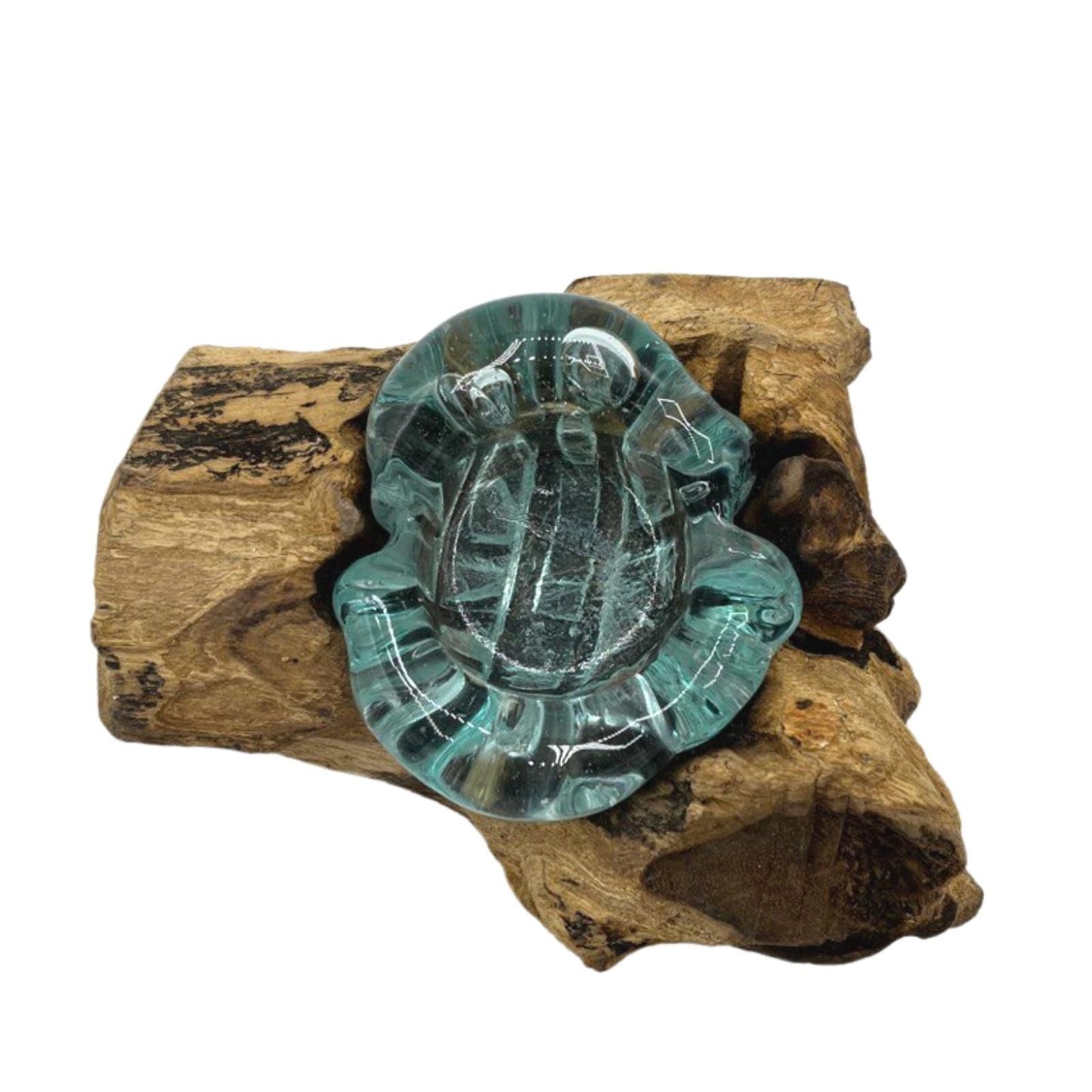 Handmade Molten Recycled Glass Candle Holder on Wood - Single / Round / Clear / Light Blue