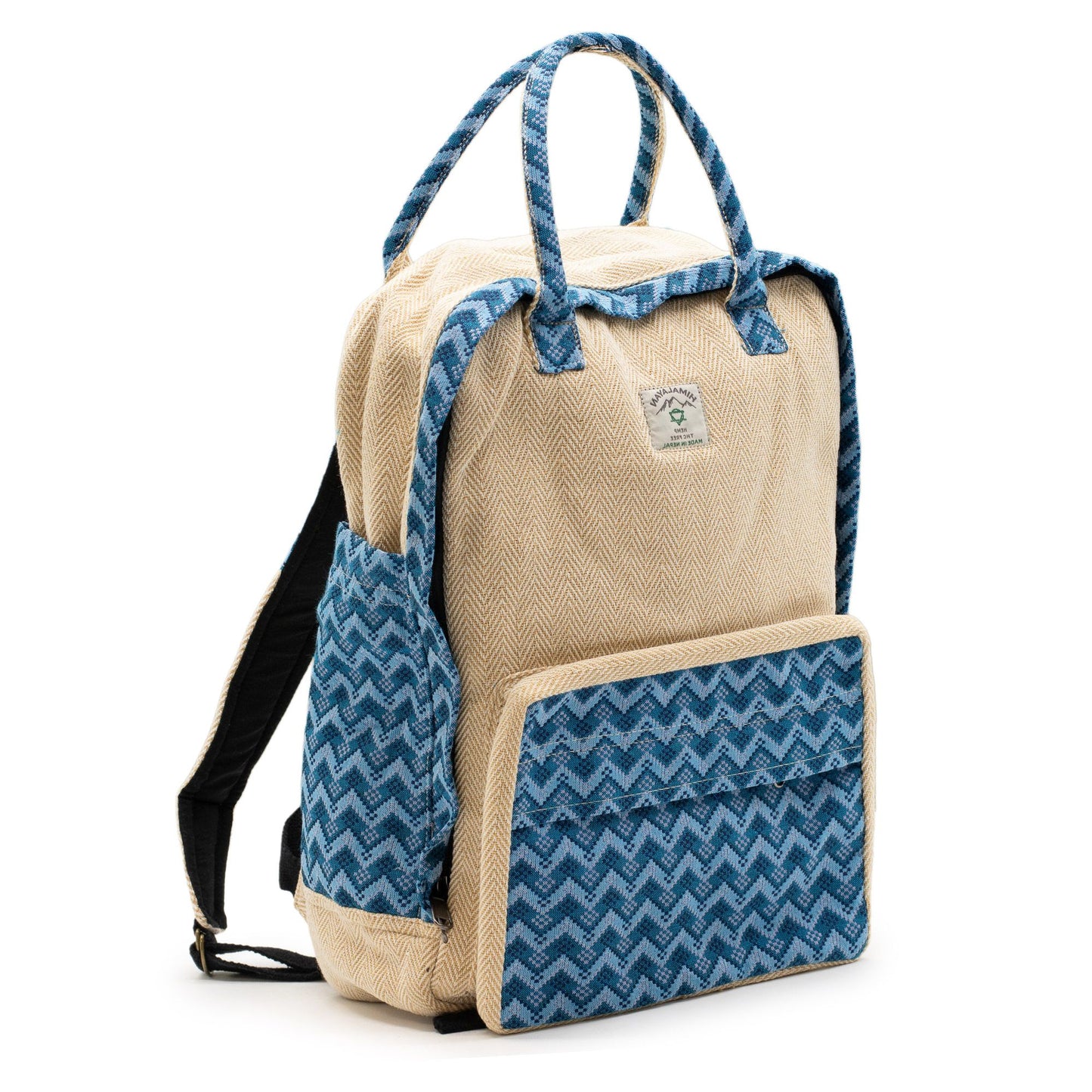 Large Kathmandu hemp backpack with blue Dhaka design, alternate product view 3 from Quintessential Holistic Health.