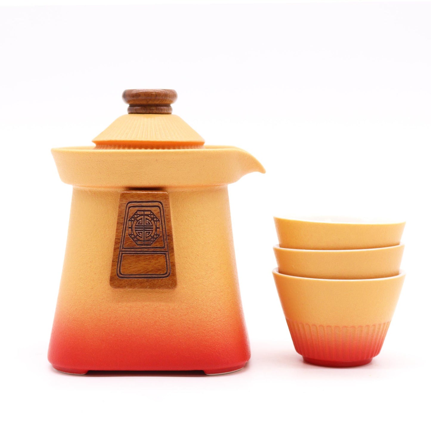 Ceramic Temple Teapot and Matching Three Cup Set with Carry Case - Orange Earth