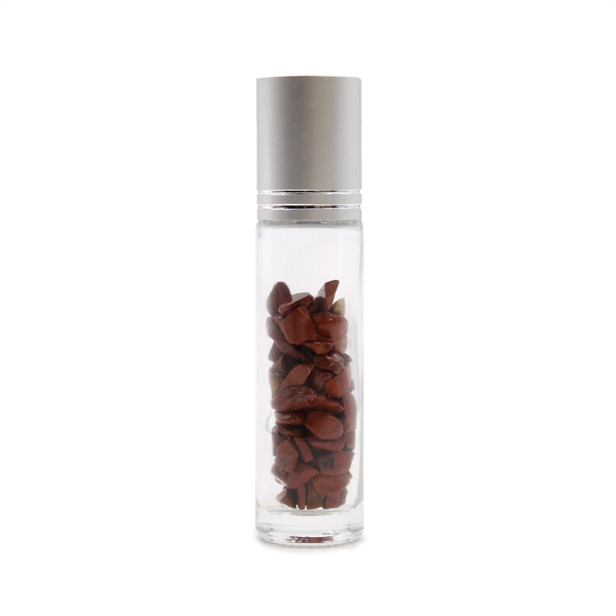 Red Jasper 10ml gemstone roller bottle with silver cap and visible stone pieces, alternate product view from Quintessential Holistic Health.