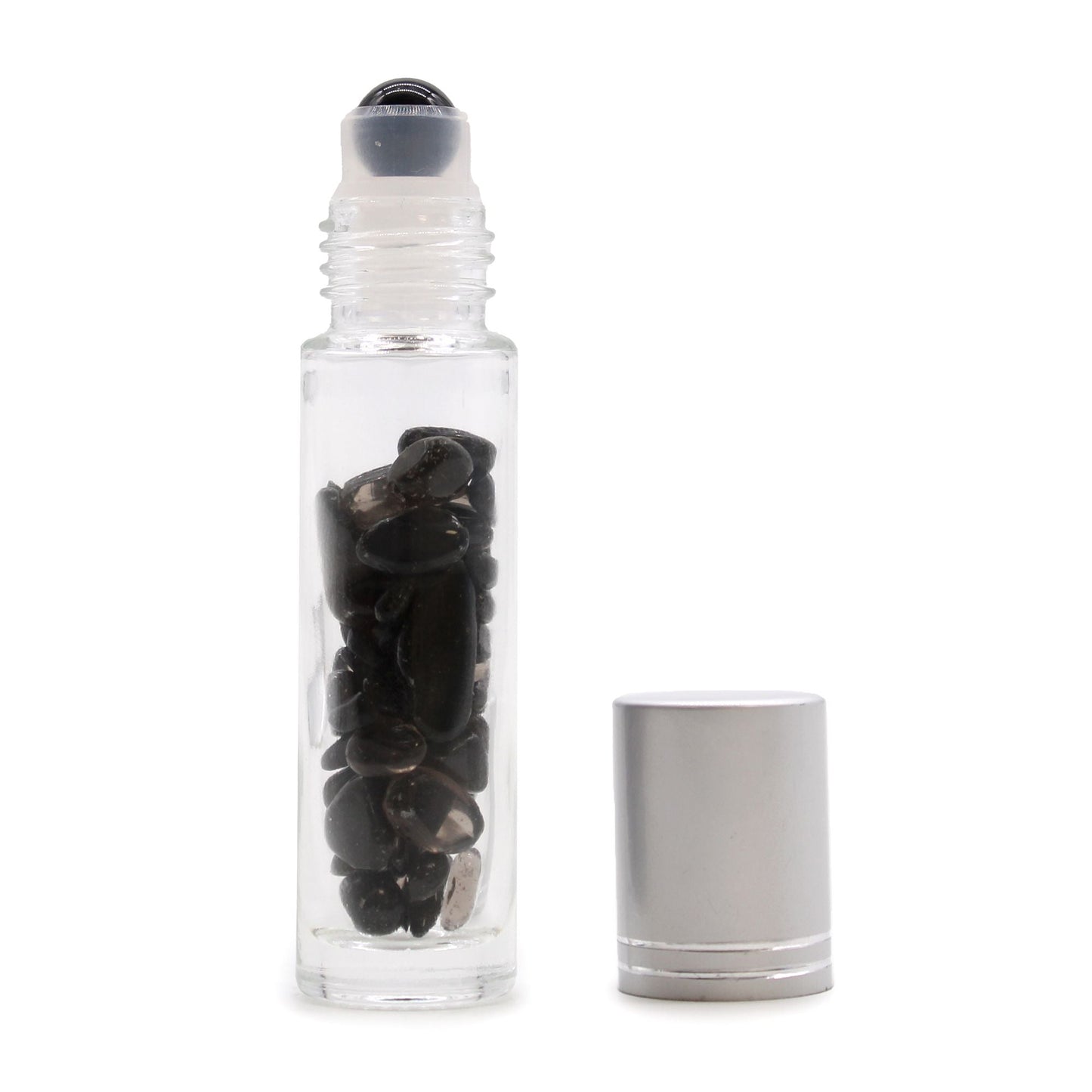 Black Tourmaline 10ml gemstone roller bottle with silver cap and visible stone pieces, alternate product view from Quintessential Holistic Health.