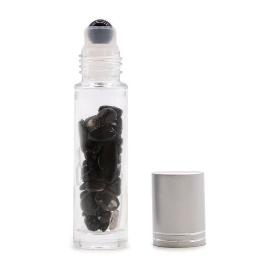 Black Tourmaline 10ml gemstone roller bottle with silver cap and visible stone pieces, alternate product view from Quintessential Holistic Health.