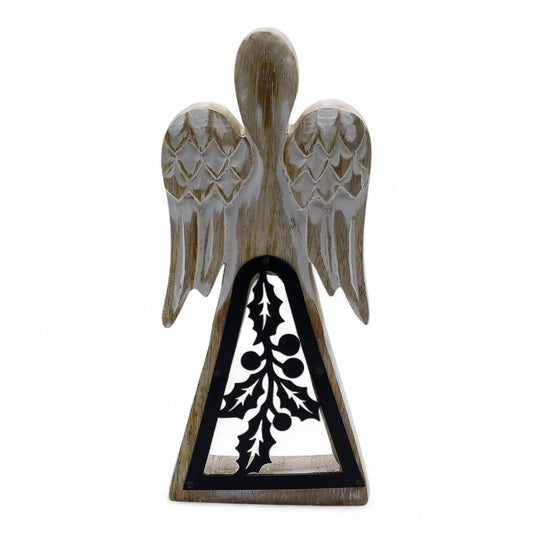 Hand Carved Mango Wooden Angel and Iron Holly - Whitewash