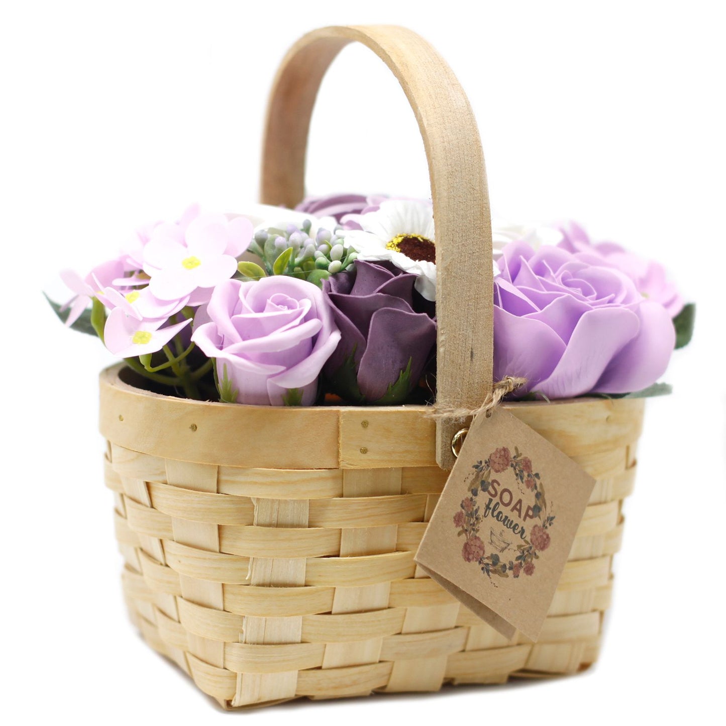 Wicker Basket Soap Flower Bouquet - Large / Lilac