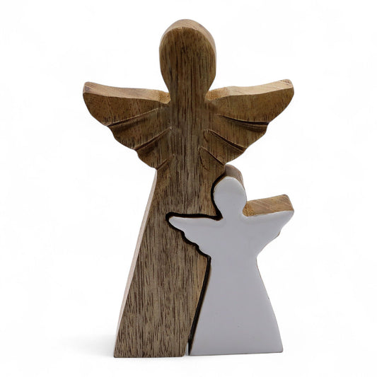 Hand Carved Mango Wooden Angel and Child - Side / Natural / White Enamel