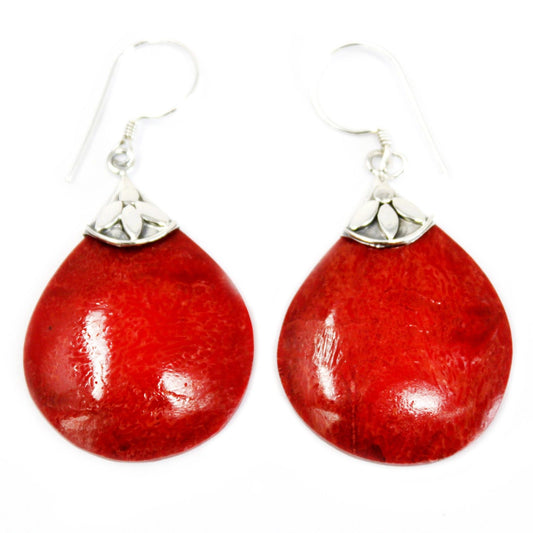 Handmade Red Coral Resin and 925 Silver Earrings - Ball Drops