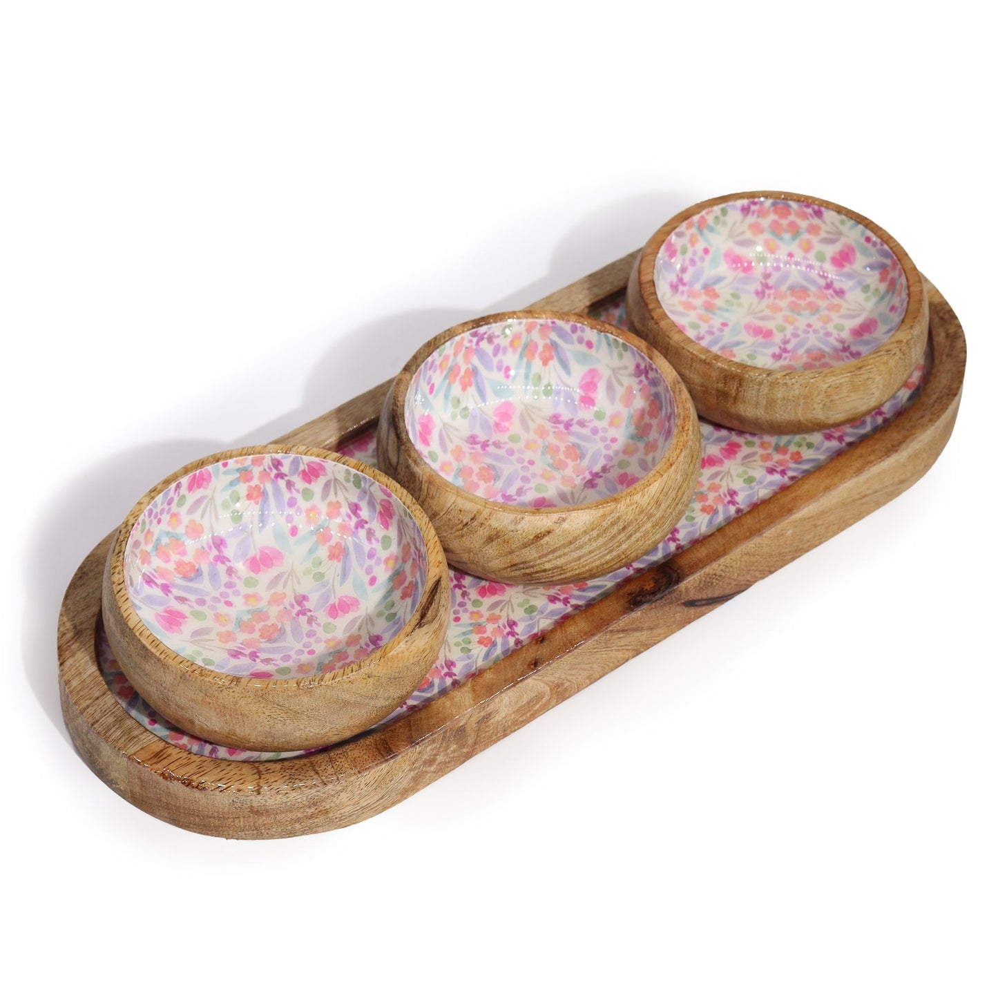 Mango Wood Tray and Bowl Set - Floral Pink