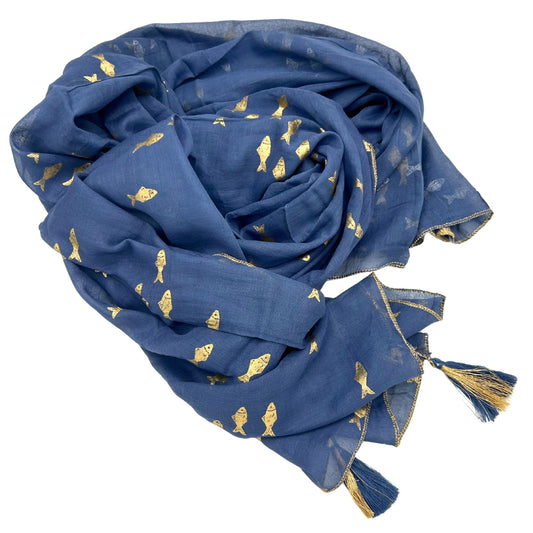 Nomad Sari Hand Painted Eco-Friendly 100% Cotton Sari Wrap - Golden Fish / Sea Blue