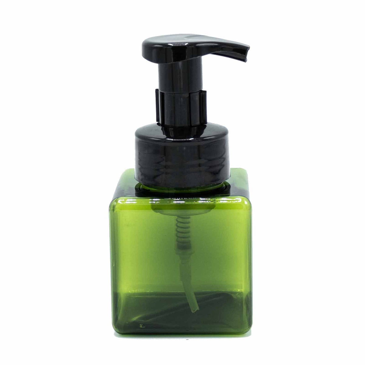 Green 250ml reusable squat foam dispenser bottle with pump, secondary detail view from Quintessential Holistic Health.