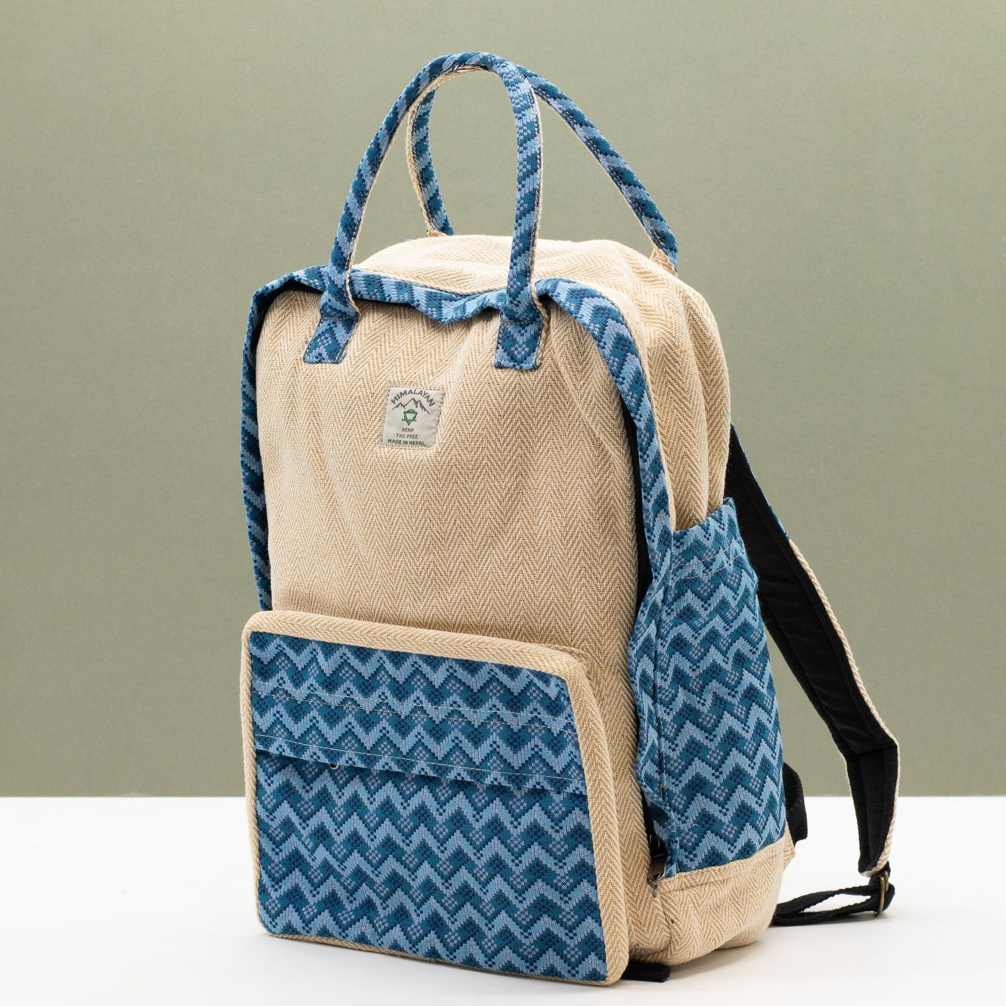 Large Kathmandu hemp backpack with blue Dhaka design, alternate product view 6 from Quintessential Holistic Health.