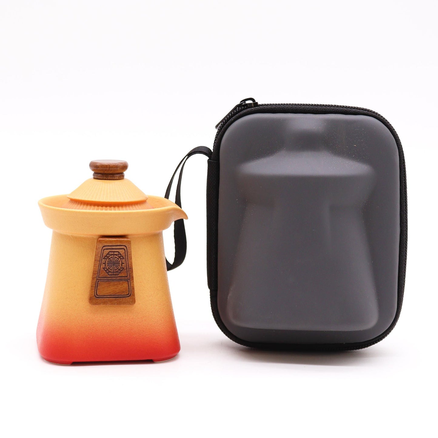 Ceramic Temple Teapot and Matching Three Cup Set with Carry Case - Orange Earth