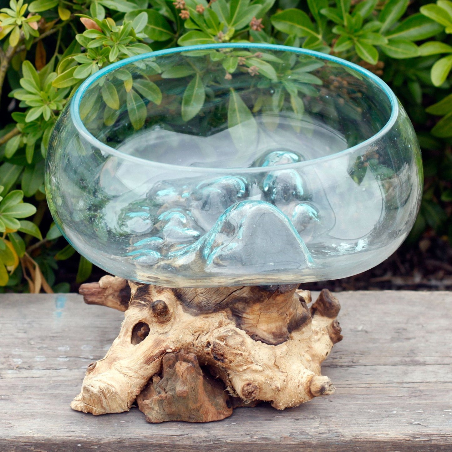 Handmade Molten Recycled Glass Bowl / Vase on Wood - Large / Round / Clear / Light Blue