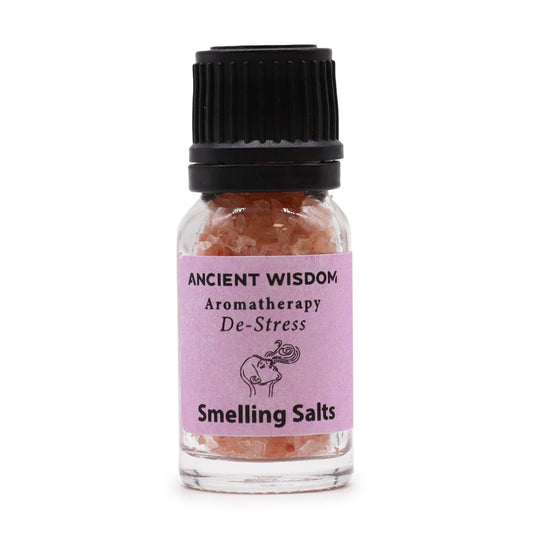 De-Stress aromatherapy smelling salts in screw-top bottle, secondary detail view from Quintessential Holistic Health.