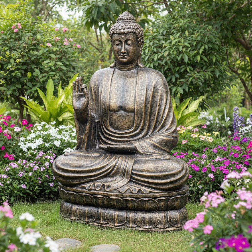 Handmade Concrete and Resin Buddha Teaching in a Lotus Position Statue - Large / 2m Tall / Antique Gold