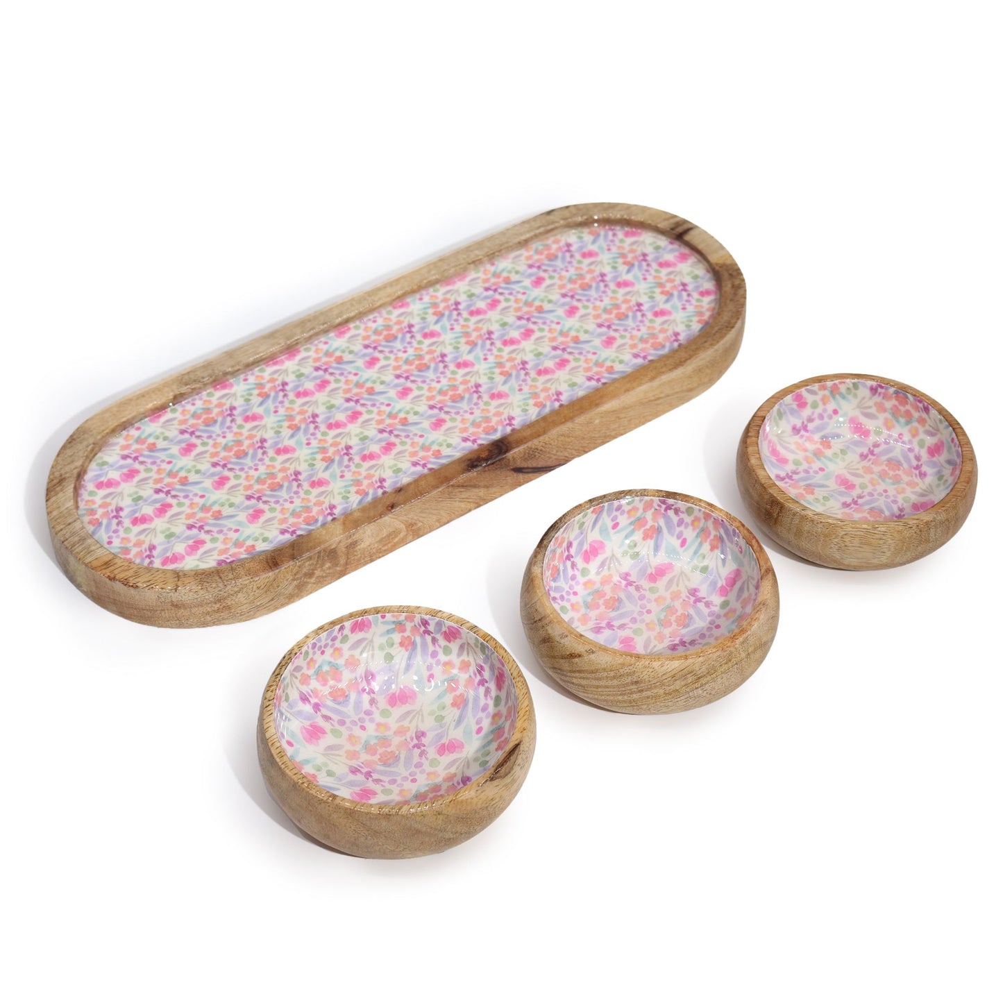 Mango Wood Tray and Bowl Set - Floral Pink