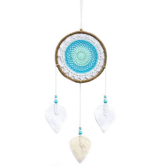Eco-Friendly Hand Crafted Rattan and Cotton with Wooden Beaded Dreamcatcher - Large / Elemental Spirits / Turquoise