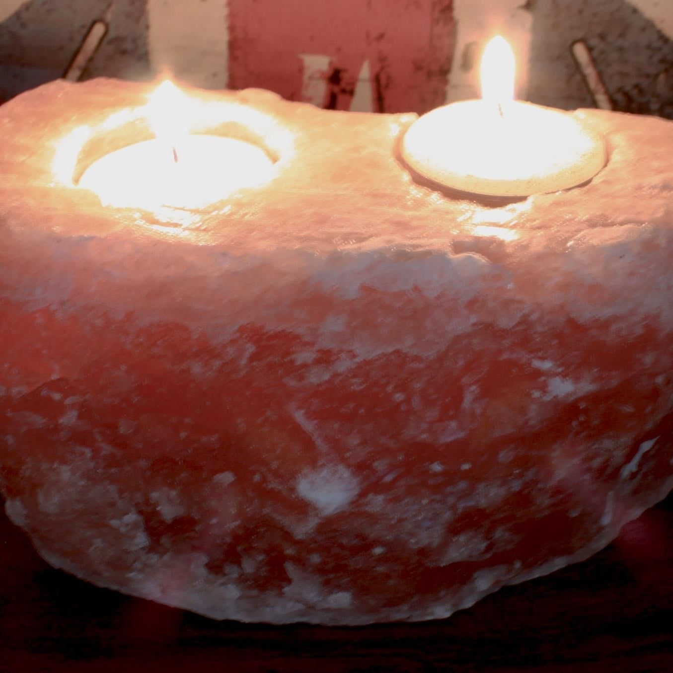 Hand Carved Himalayan Salt Crystal Candle Holder - Natural / Rectangular / Double