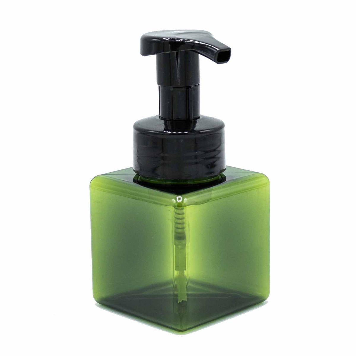 Green 250ml reusable squat foam dispenser bottle with pump, product detail view from Quintessential Holistic Health.