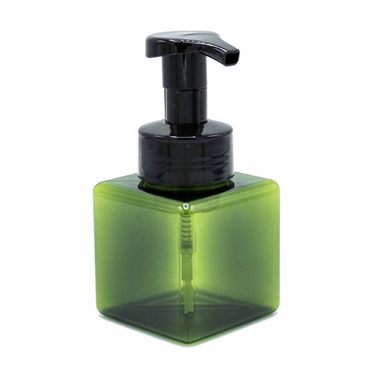Green 250ml reusable squat foam dispenser bottle with pump, product detail view from Quintessential Holistic Health.