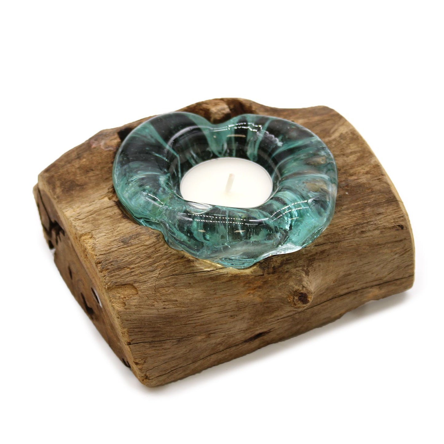 Handmade Molten Recycled Glass Candle Holder on Wood - Single / Round / Clear / Light Blue