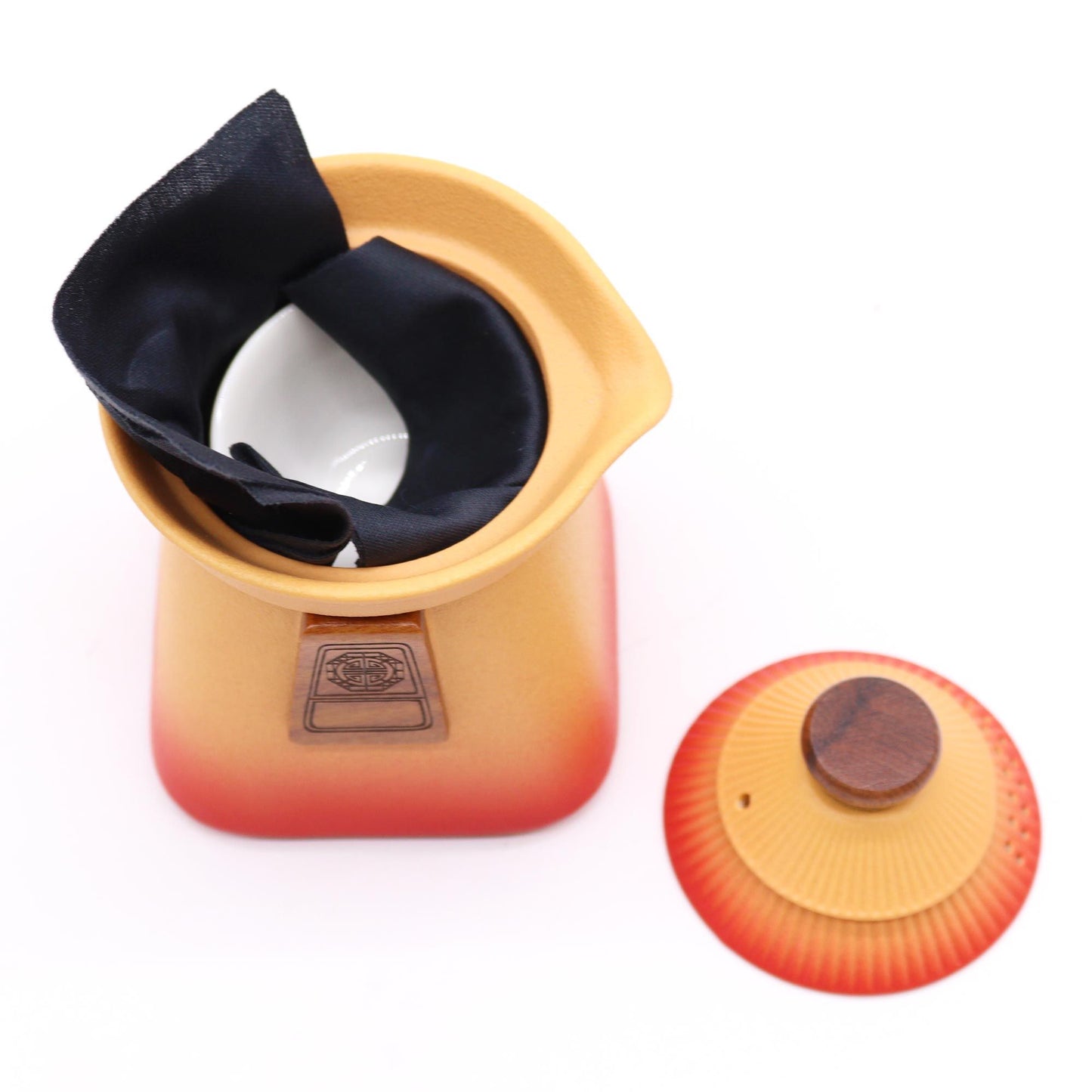 Ceramic Temple Teapot and Matching Three Cup Set with Carry Case - Orange Earth