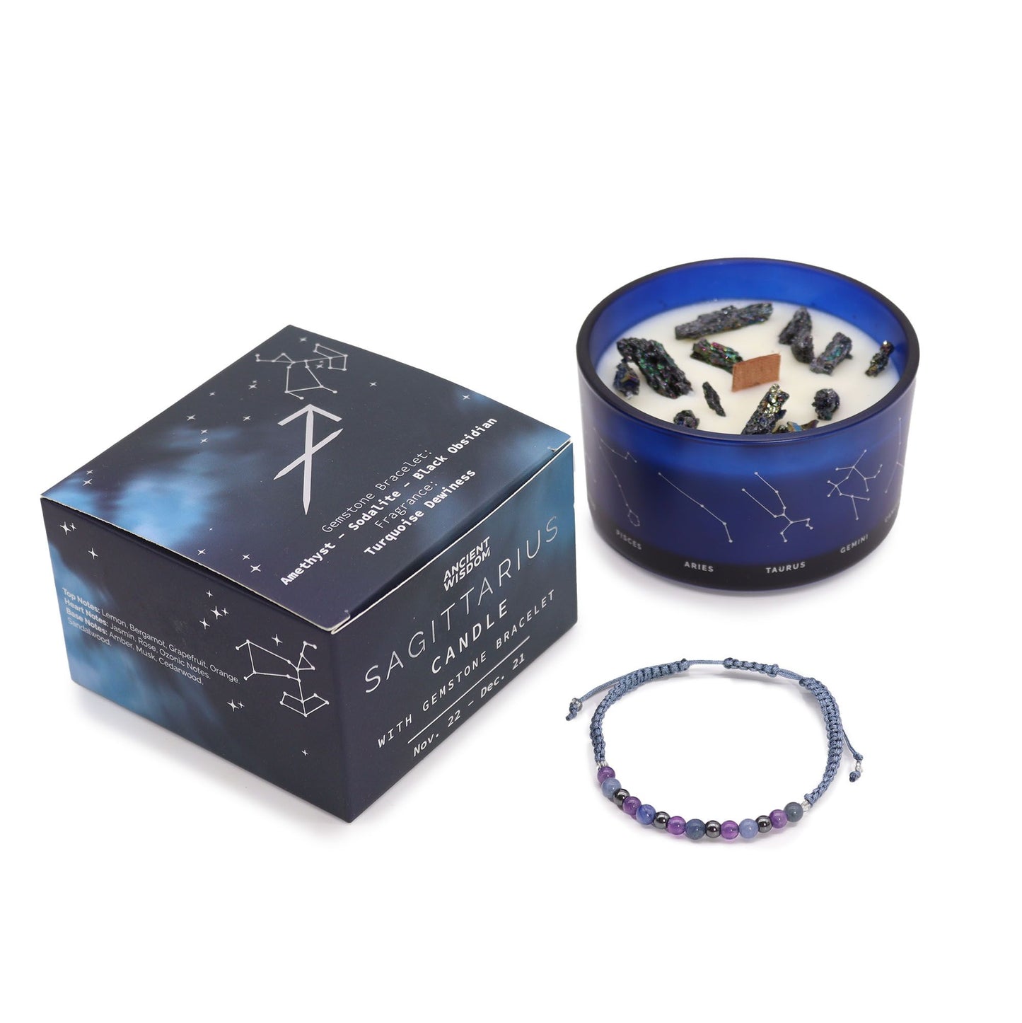 Zodiac Crystal Eco-Friendly Soy Wax Candle with Gemstone Bracelet - Sagittarius