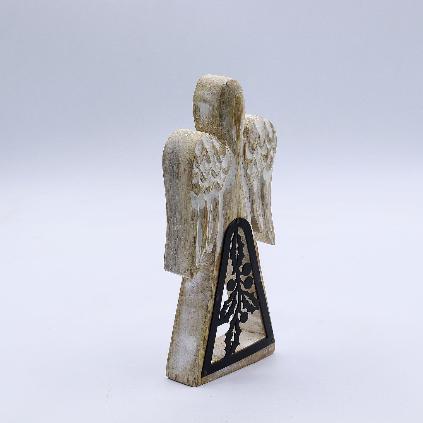 Hand Carved Mango Wooden Angel and Iron Holly - Whitewash