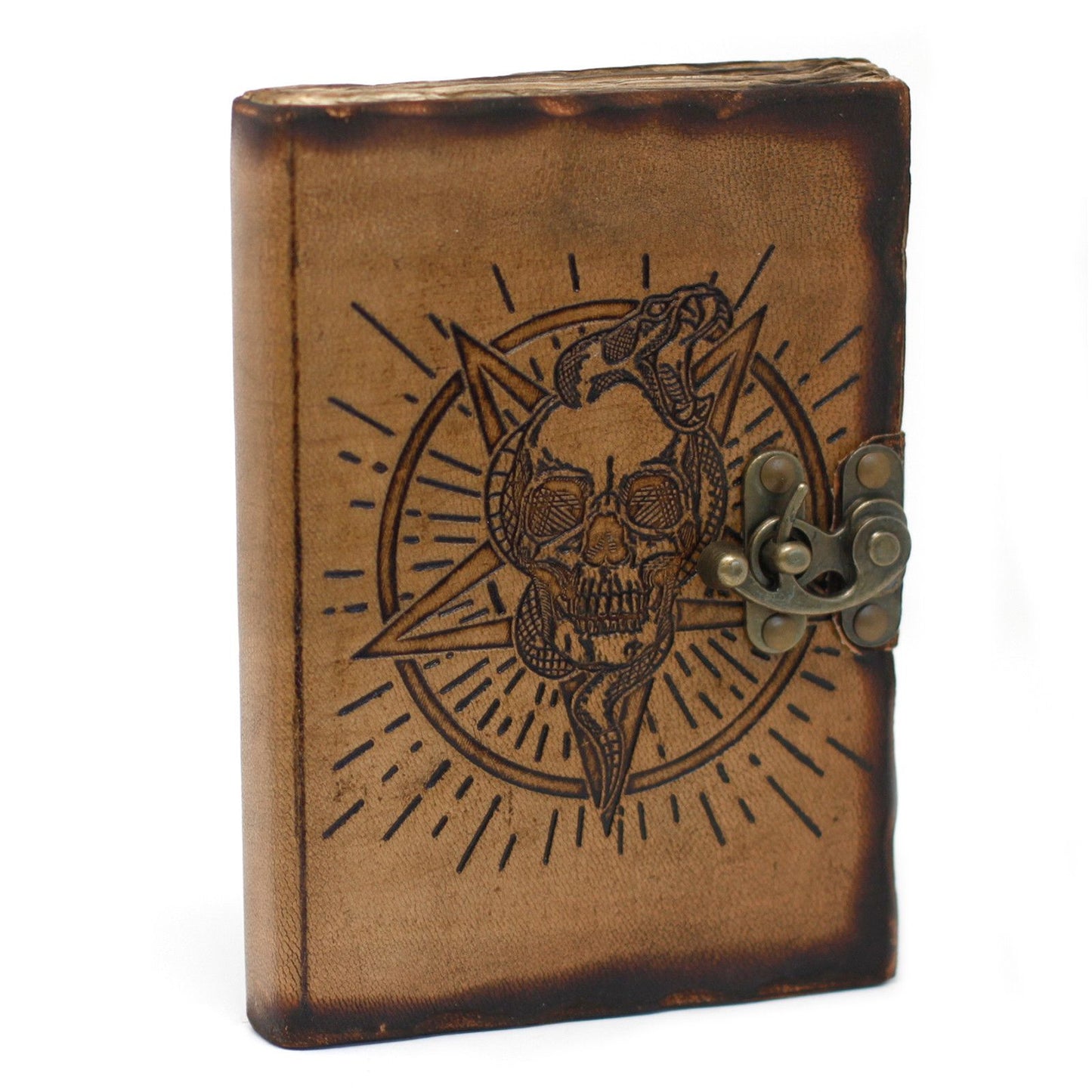 Handmade Leather-Bound Eco-Friendly Notebook with Metal Clasp and Burnt Edges - Medium / Tan / Pentagon and Skull