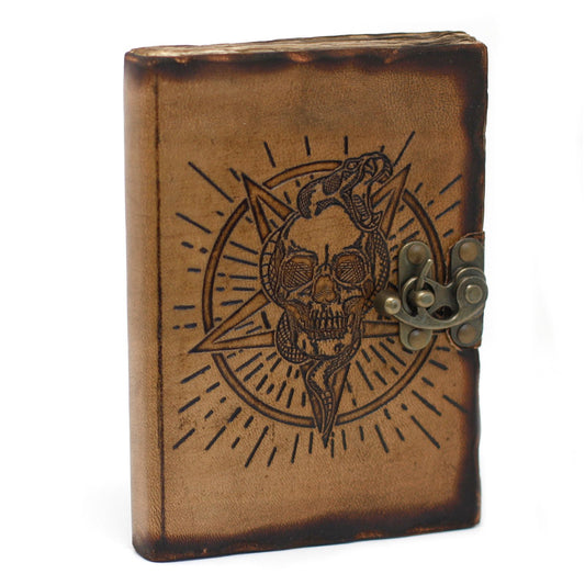 Handmade Leather-Bound Eco-Friendly Notebook with Metal Clasp and Burnt Edges - Medium / Tan / Pentagon and Skull