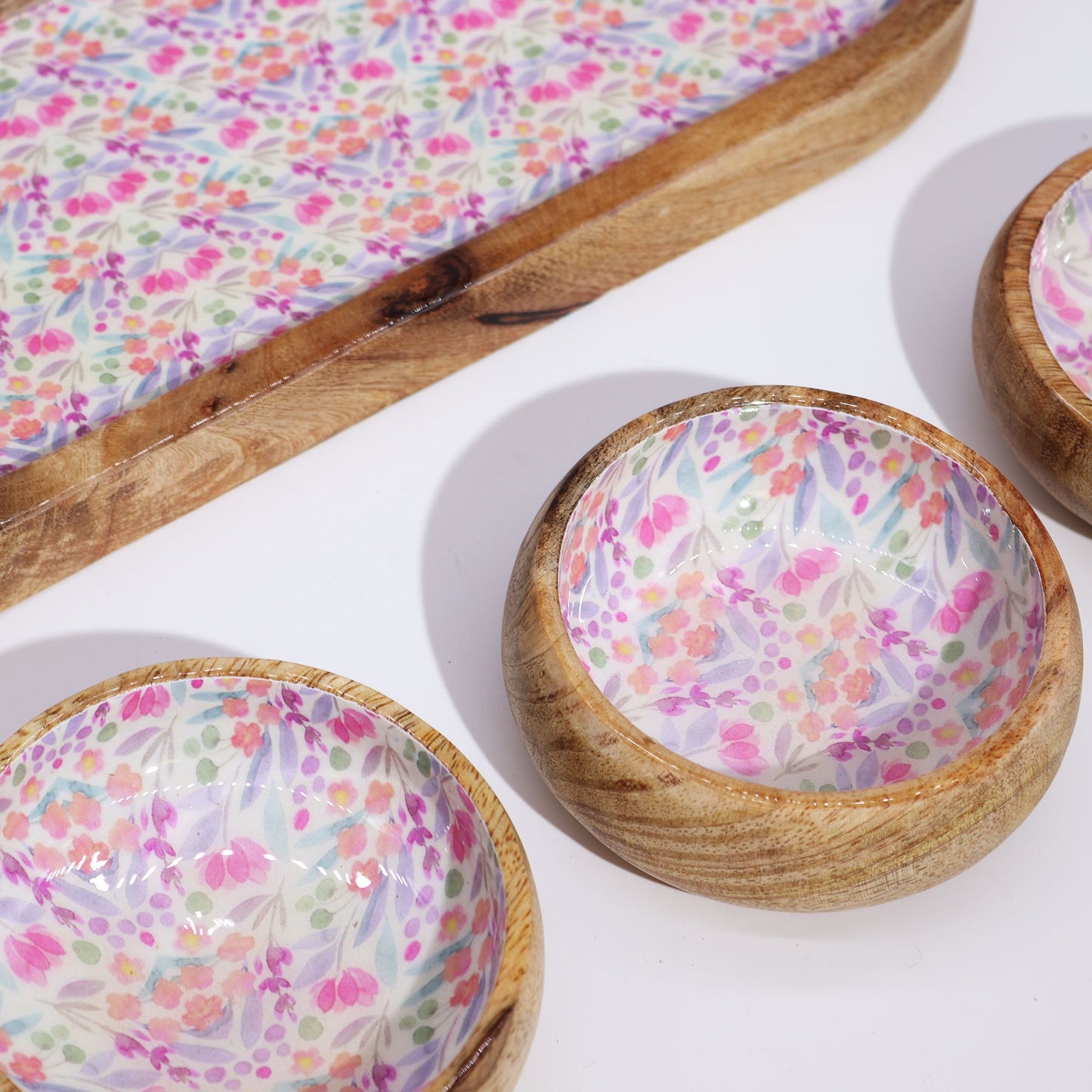 Mango Wood Tray and Bowl Set - Floral Pink
