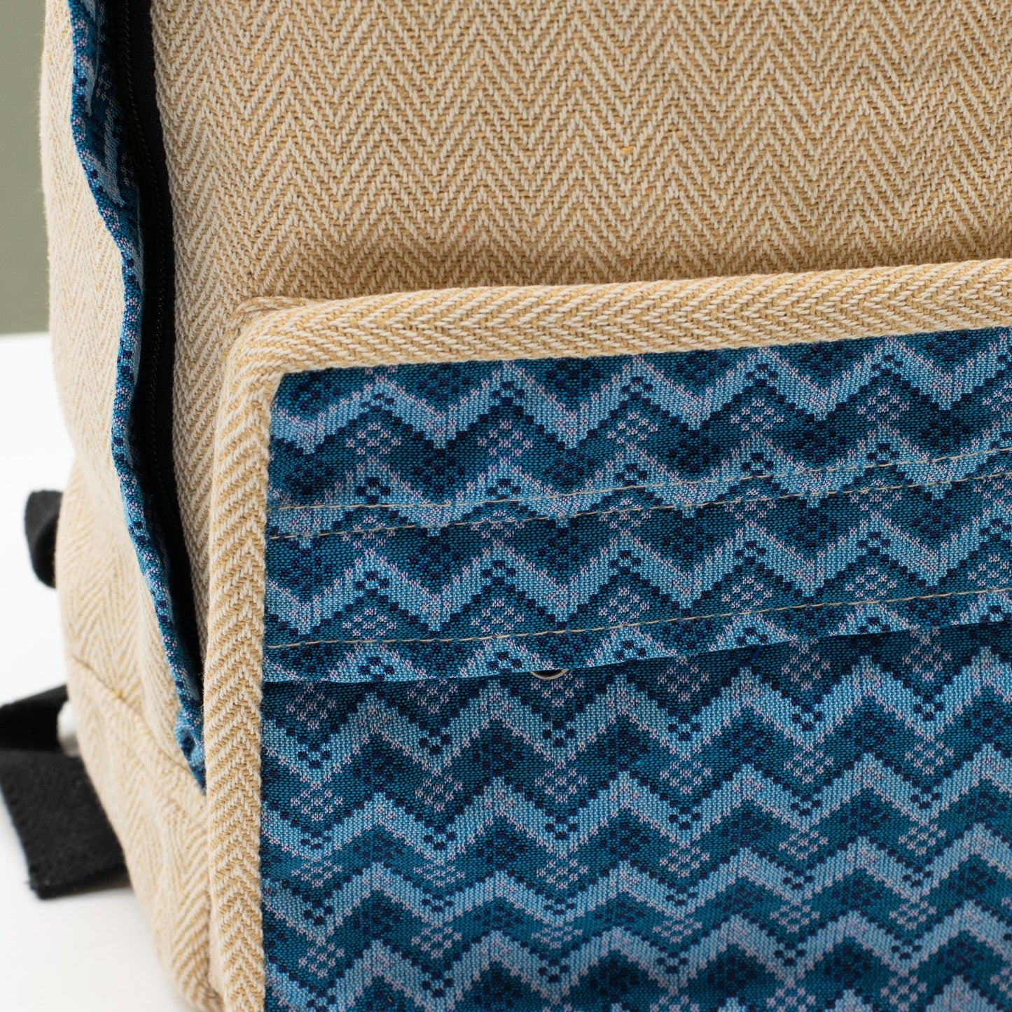 Large Kathmandu hemp backpack with blue Dhaka design, alternate product view 11 from Quintessential Holistic Health.