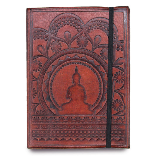 Handmade Vegetable Tanned Leather-Bound Eco-Friendly Notebook with Wrap - Medium / Burgundy / Tibetan Mandala