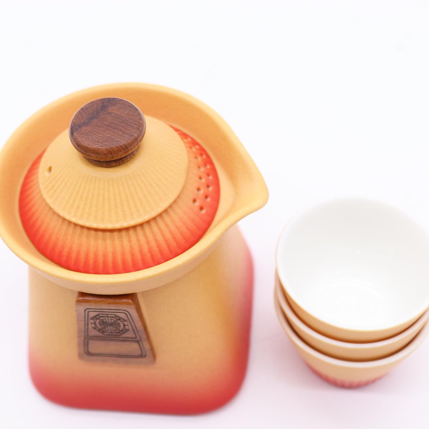 Ceramic Temple Teapot and Matching Three Cup Set with Carry Case - Orange Earth