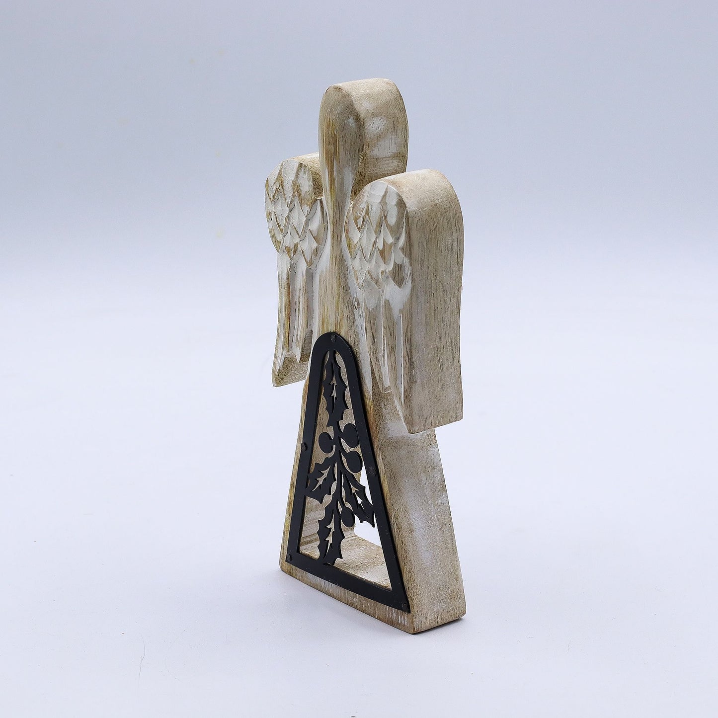 Hand Carved Mango Wooden Angel and Iron Holly - Whitewash