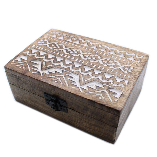 Hand Carved Mango Wood Vintage Style Keepsake Box  - Large / Whitewash / Slavic Design