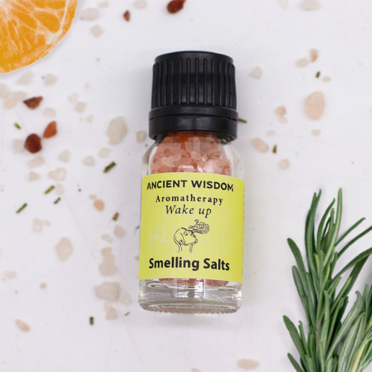 Wake Up aromatherapy smelling salts in screw-top bottle, product detail view from Quintessential Holistic Health.