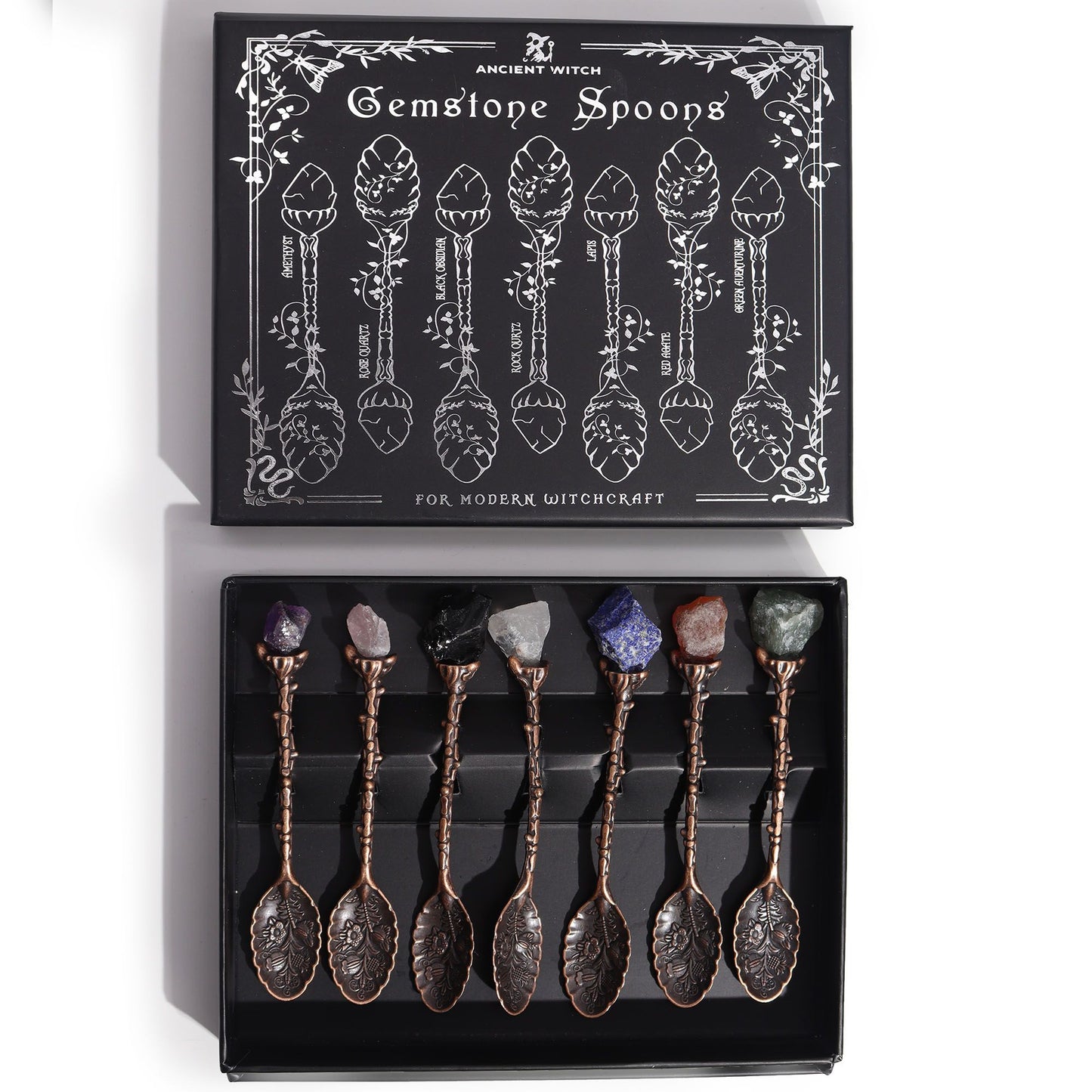 Set of 7 Gemstone Crystal Witches Spoons - Bronze