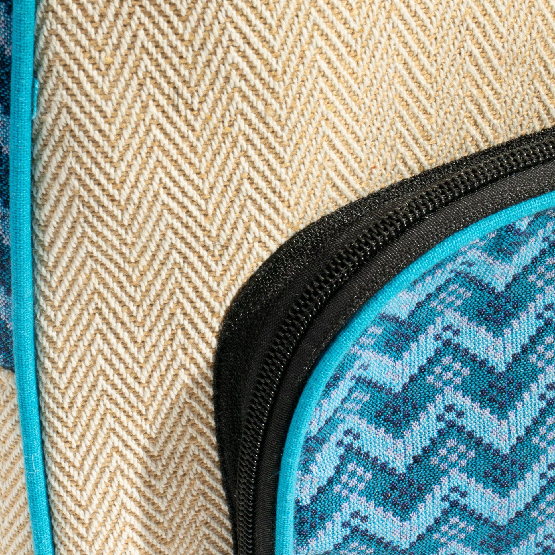 Medium Kathmandu hemp backpack with blue Dhaka design, alternate product view 12 from Quintessential Holistic Health.
