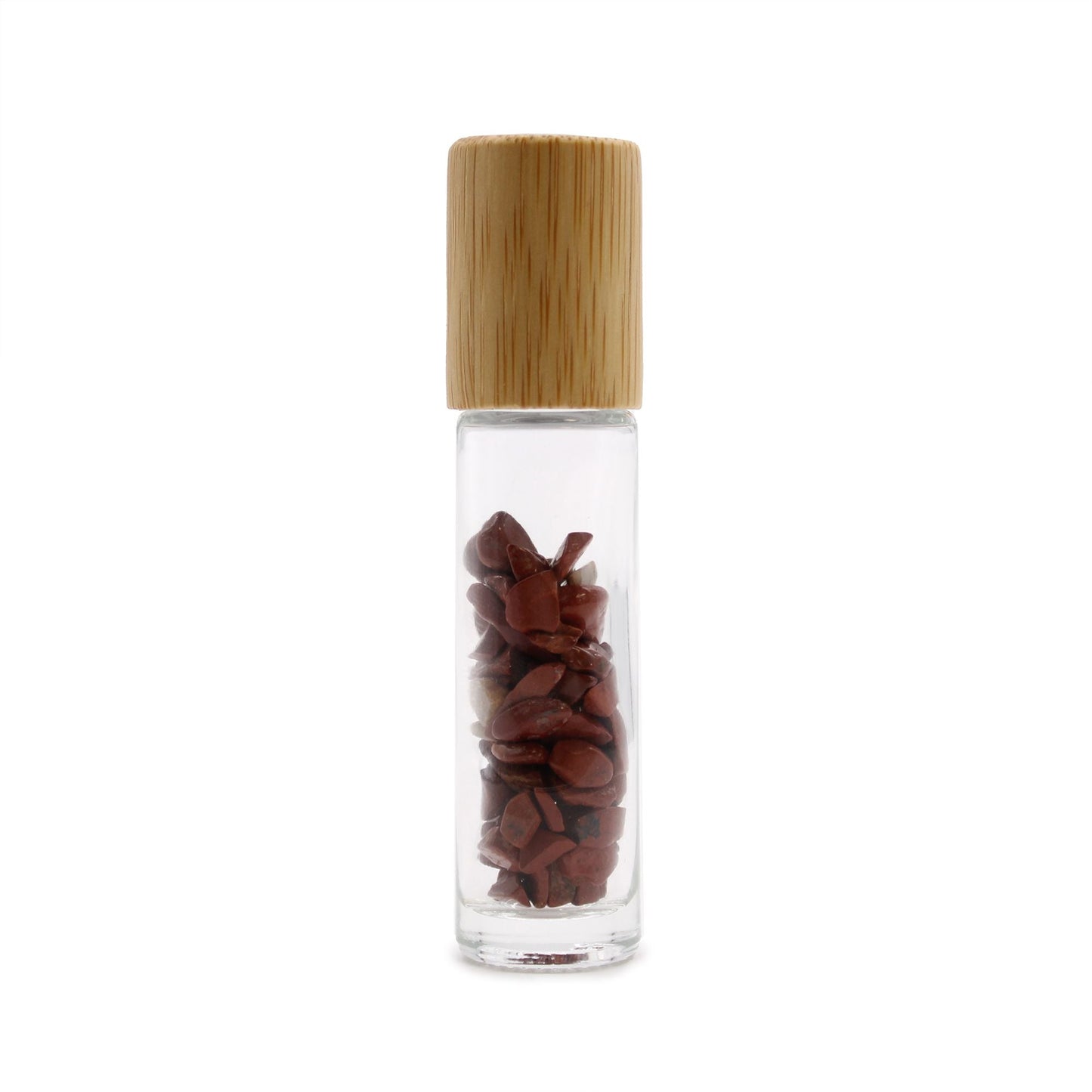 Red Jasper 10ml gemstone roller bottle with wooden cap and visible stone pieces, product detail view from Quintessential Holistic Health.