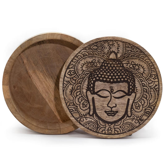 Natural Mango Wooden Keepsake Box - Large / Round / Black / Buddha Head