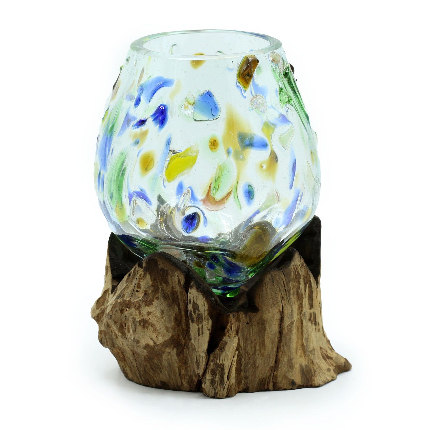 Handmade Molten Recycled Glass Vase on Wood - Medium / Oval / Multicoloured