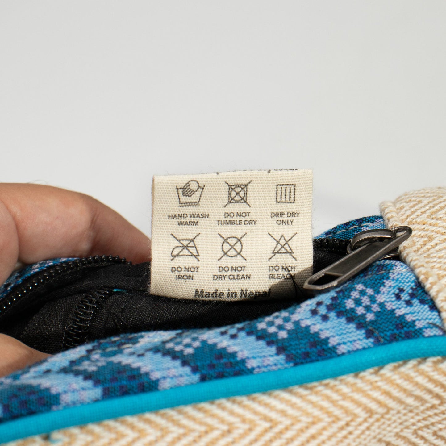 Medium Kathmandu hemp backpack with blue Dhaka design, alternate product view 13 from Quintessential Holistic Health.