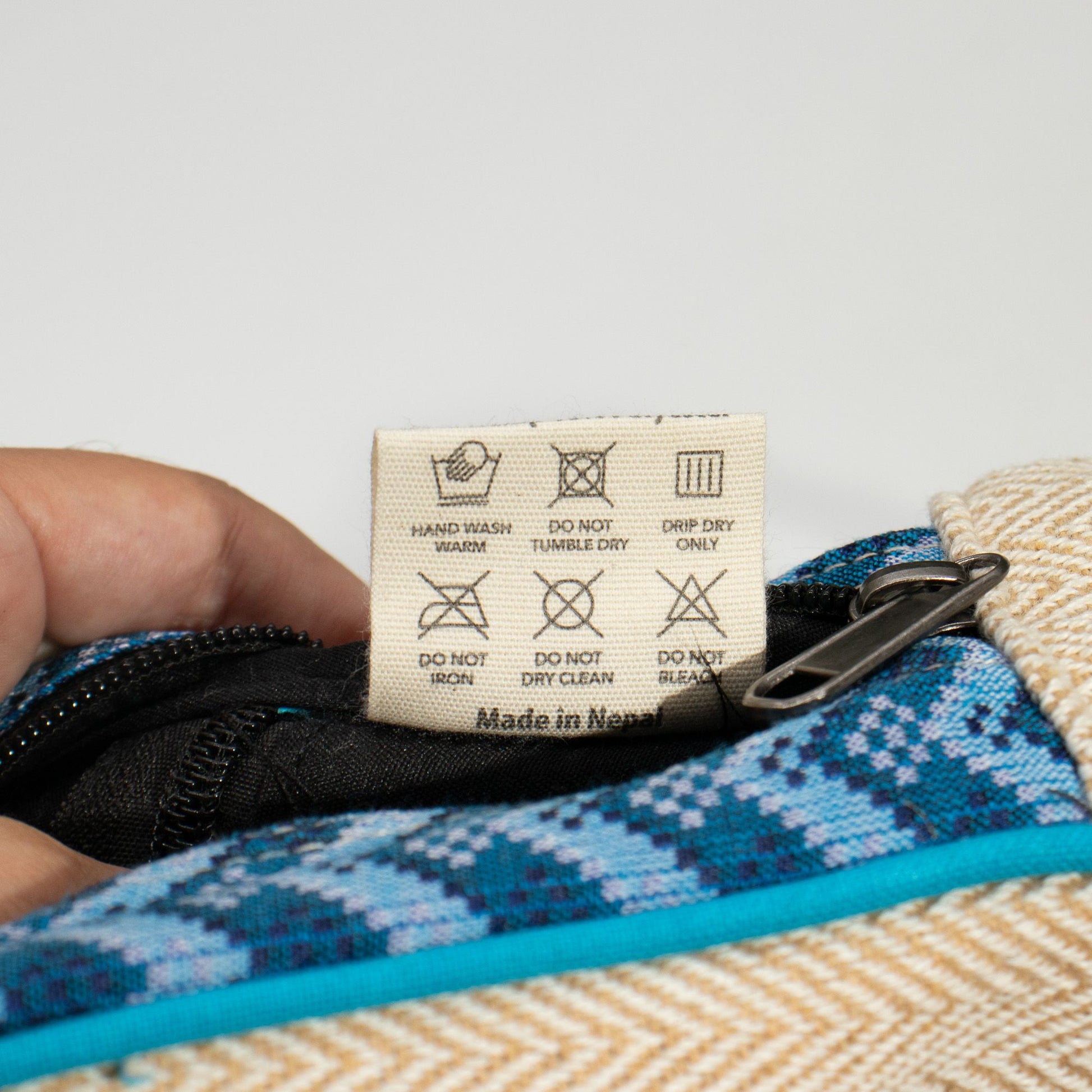 Medium Kathmandu hemp backpack with blue Dhaka design, alternate product view 13 from Quintessential Holistic Health.