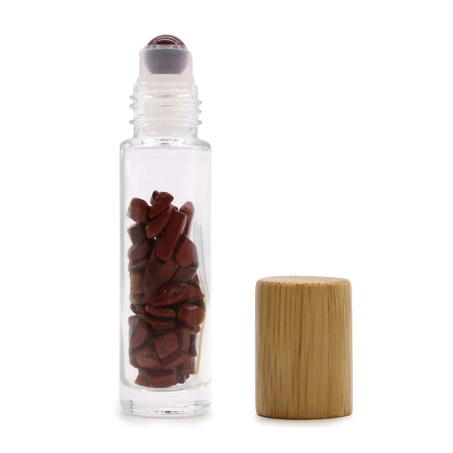 Red Jasper 10ml gemstone roller bottle with wooden cap and visible stone pieces, alternate product view from Quintessential Holistic Health.