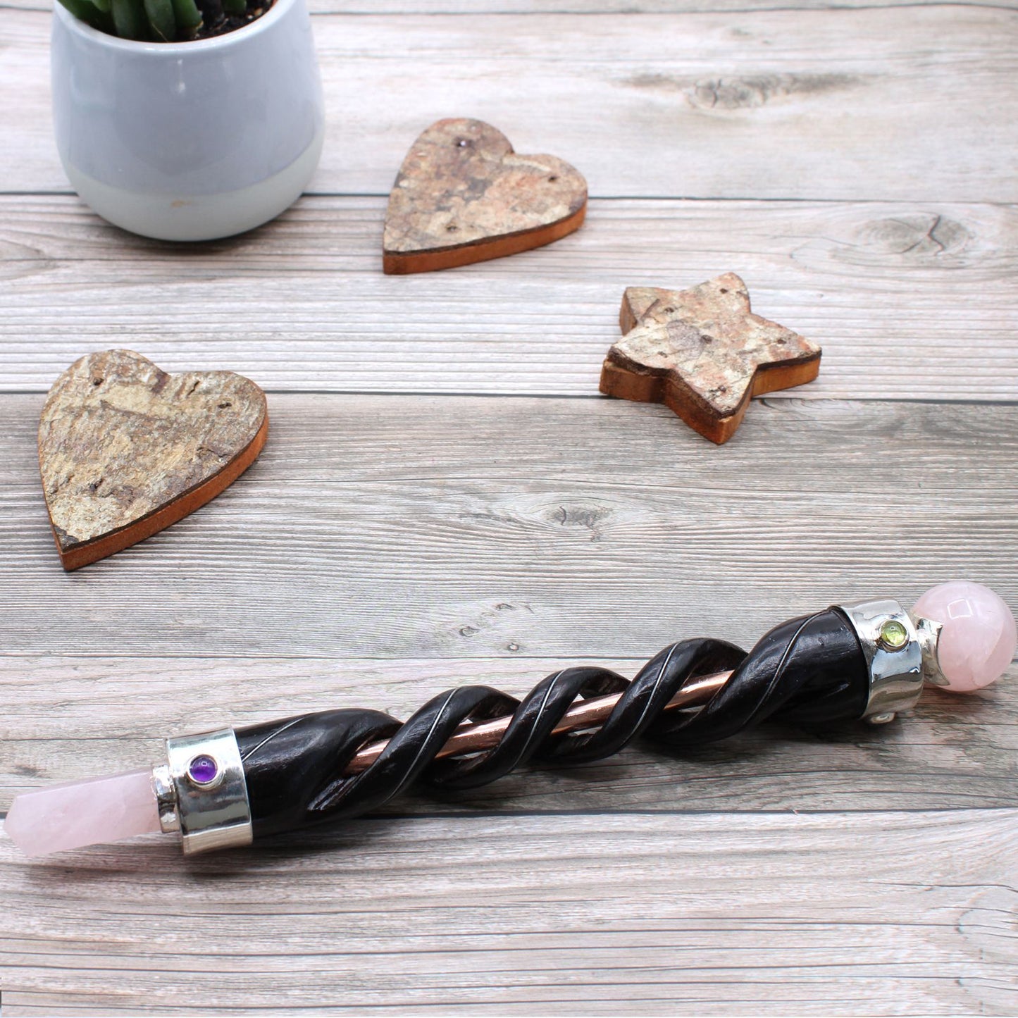 Handmade Spiral Teak Wooden Healing Wand with Copper - Rose Quartz Gemstones