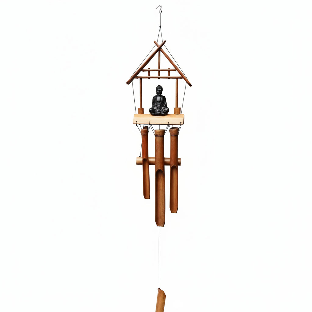 Handcrafted Bamboo Wind Chime - Natural / Black Buddha / 6 Tubes