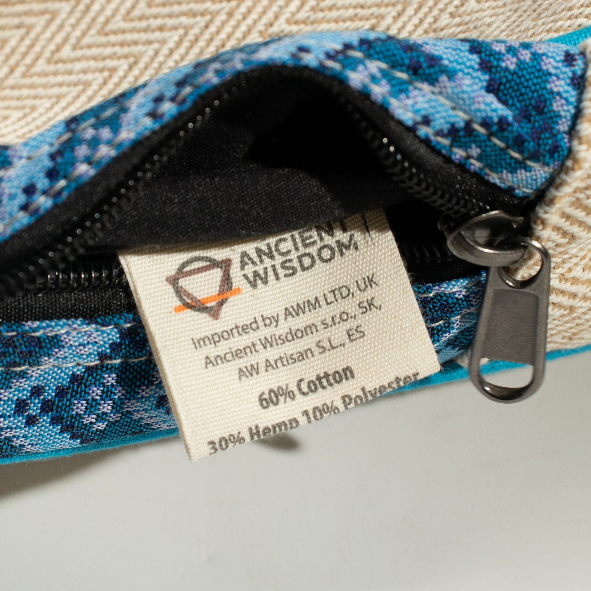 Medium Kathmandu hemp backpack with blue Dhaka design, alternate product view 6 from Quintessential Holistic Health.