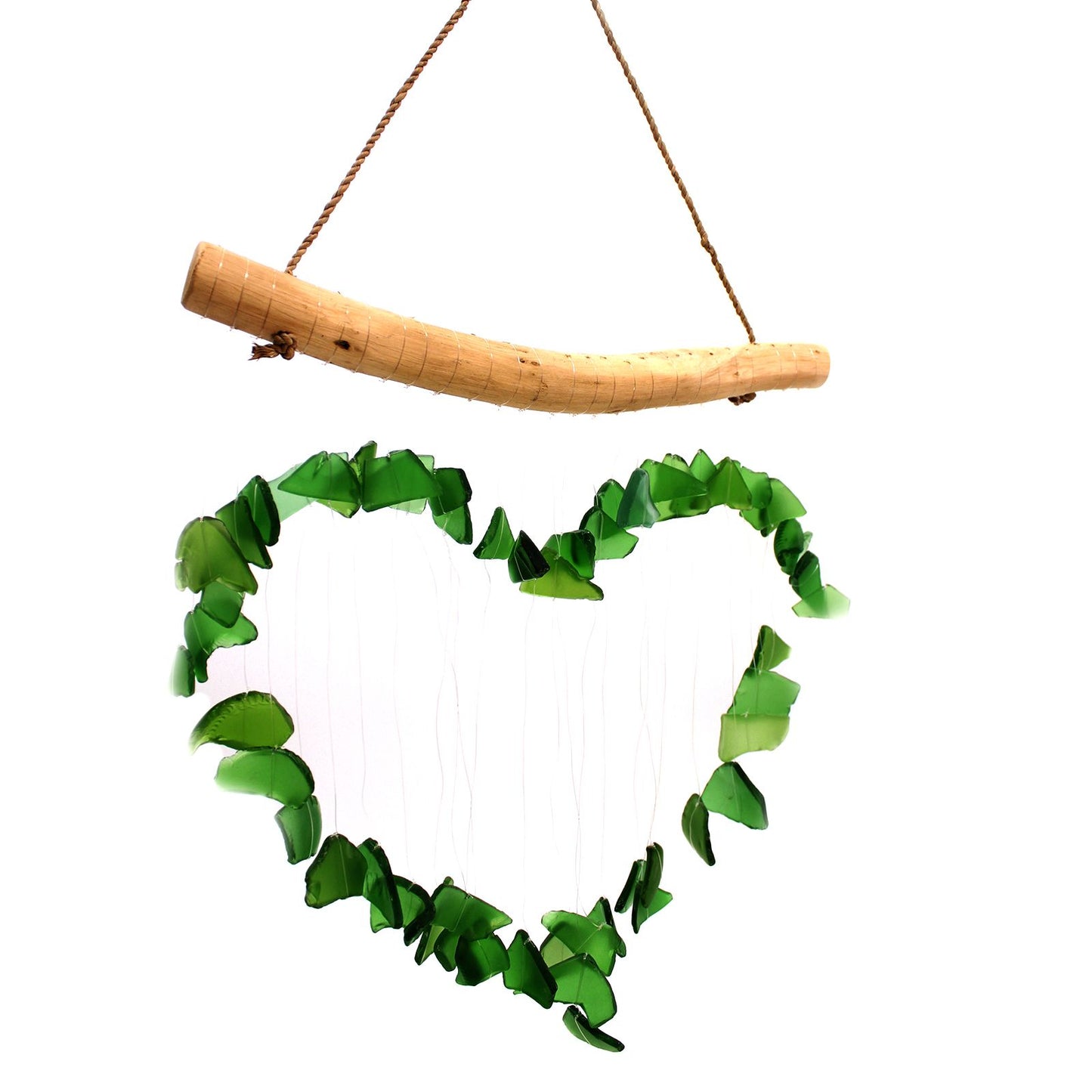 Handmade Driftwood and Recycled Glass Wind Chime - Loving Heart / Green