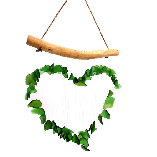 Handmade Driftwood and Recycled Glass Wind Chime - Loving Heart / Green